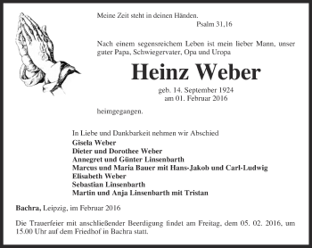 Traueranzeige von Heinz Weber von Thüringer Allgemeine