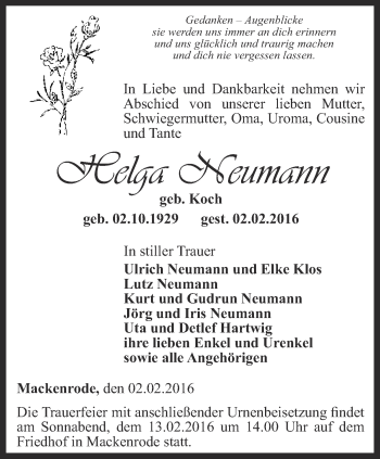 Traueranzeige von Helga Neumann von Thüringer Allgemeine