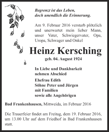 Traueranzeige von Heinz Kersching von Thüringer Allgemeine