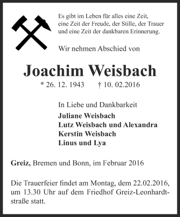 Traueranzeige von Joachim Weisbach von Ostthüringer Zeitung