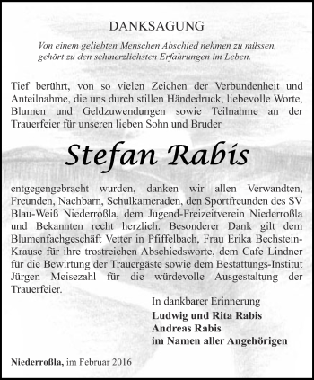 Traueranzeige von Stefan Rabis von Thüringer Allgemeine, Thüringische Landeszeitung