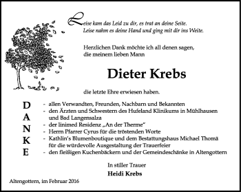 Traueranzeige von Dieter Krebs von Thüringer Allgemeine, Thüringische Landeszeitung