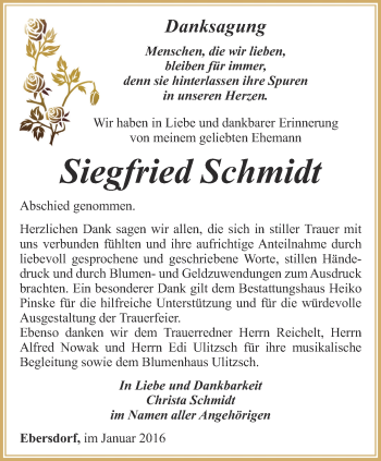 Traueranzeige von Siegfried Schmidt von Ostthüringer Zeitung