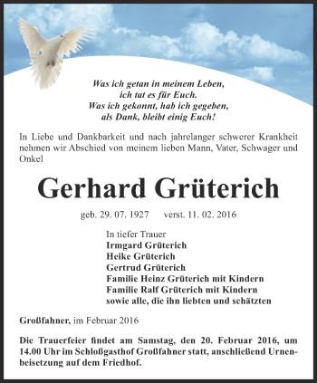 Traueranzeige von Gerhard Grüterich von Thüringer Allgemeine, Thüringische Landeszeitung