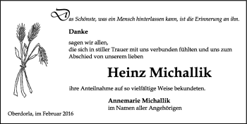 Traueranzeige von Heinz Michallik von Thüringer Allgemeine, Thüringische Landeszeitung