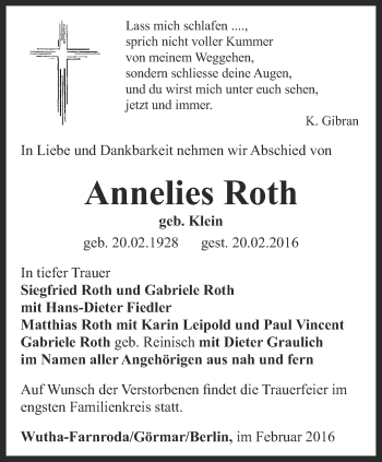 Traueranzeige von Annelies Roth von Thüringer Allgemeine, Thüringische Landeszeitung