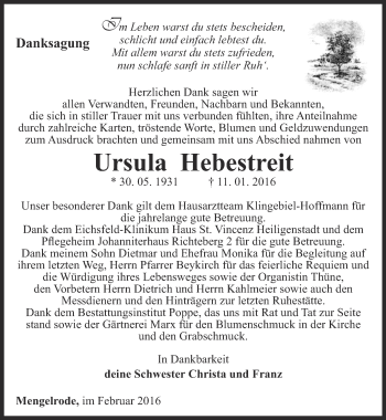 Traueranzeige von Ursula Hebestreit von Thüringer Allgemeine