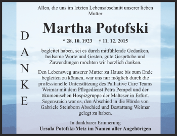 Traueranzeige von Martha Potofski von Thüringer Allgemeine, Thüringische Landeszeitung