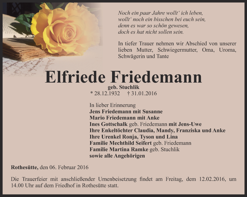  Traueranzeige für Elfriede Friedemann vom 06.02.2016 aus Thüringer Allgemeine