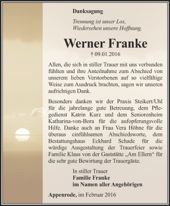 Traueranzeige von Werner Franke von Thüringer Allgemeine