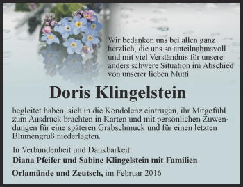Traueranzeige von Doris Klingelstein von Ostthüringer Zeitung, Thüringische Landeszeitung