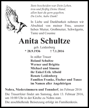 Traueranzeige von Anita Schultze von Thüringer Allgemeine, Thüringische Landeszeitung