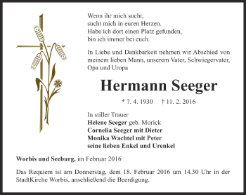 Traueranzeige von Hermann Seeger von Thüringer Allgemeine