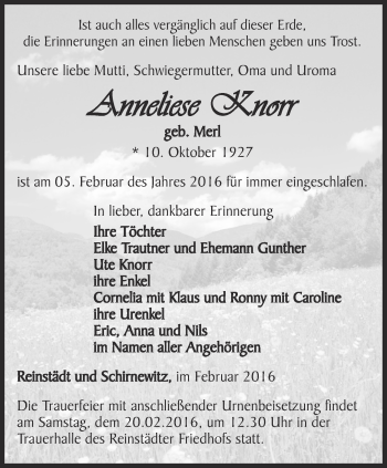 Traueranzeige von Anneliese Knorr von Ostthüringer Zeitung, Thüringische Landeszeitung