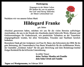 Traueranzeige von Hildegard Franke von Ostthüringer Zeitung