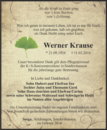 Traueranzeige von Werner Krause von Thüringer Allgemeine
