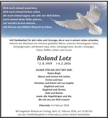 Traueranzeige von Roland Lotz von Thüringer Allgemeine, Thüringische Landeszeitung