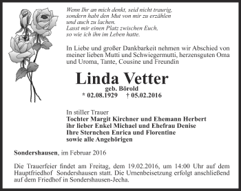 Traueranzeige von Linda Vetter von Thüringer Allgemeine