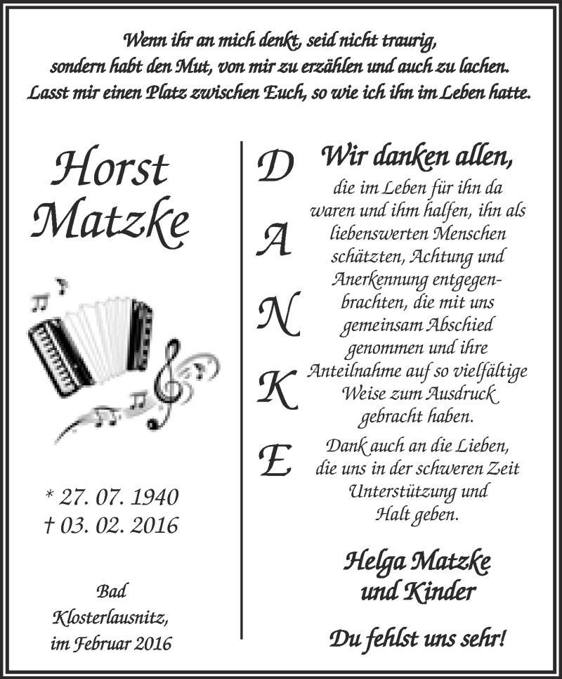  Traueranzeige für Horst Matzke vom 20.02.2016 aus Ostthüringer Zeitung