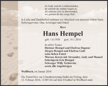 Traueranzeige von Hans Hempel von Ostthüringer Zeitung