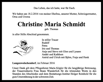 Traueranzeige von Christine Maria Schmidt von Ostthüringer Zeitung