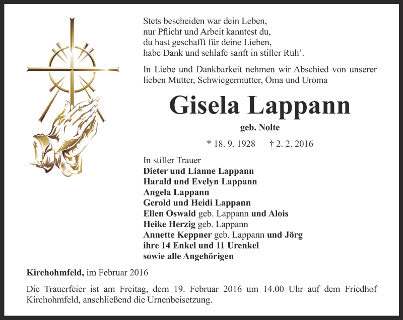  Traueranzeige für Gisela Lappann vom 16.02.2016 aus Thüringer Allgemeine