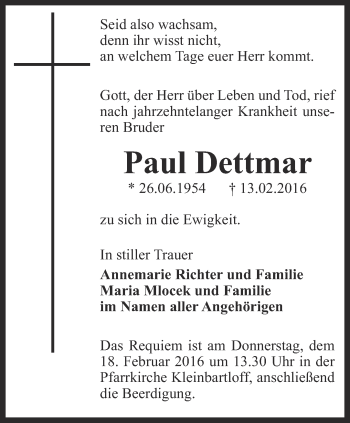 Traueranzeige von Paul Dettmar von Thüringer Allgemeine