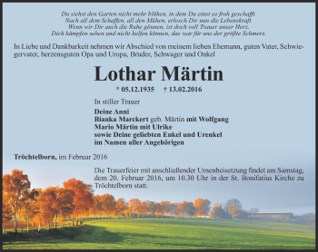 Traueranzeige von Lohtar Märtin von Ostthüringer Zeitung, Thüringische Landeszeitung