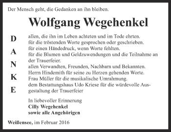 Traueranzeige von Wolfgang Wegehenkel von Thüringer Allgemeine