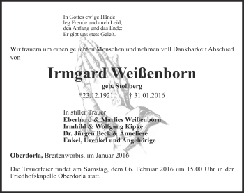 Traueranzeige von Irmgard Weißenborn von Thüringer Allgemeine, Thüringische Landeszeitung