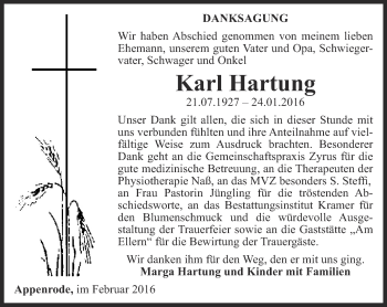 Traueranzeige von Karl Hartung von Thüringer Allgemeine