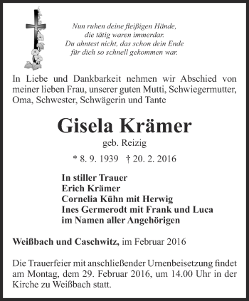 Traueranzeige von Gisela Krämer von Ostthüringer Zeitung