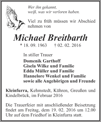 Traueranzeige von Michael Breitbarth von Thüringer Allgemeine