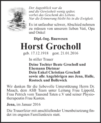 Traueranzeige von Horst Grocholl von Ostthüringer Zeitung, Thüringische Landeszeitung