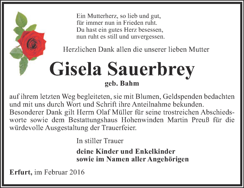  Traueranzeige für Gisela Sauerbrey vom 27.02.2016 aus Thüringer Allgemeine, Thüringische Landeszeitung