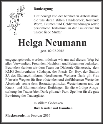 Traueranzeige von Helga Neumann von Thüringer Allgemeine