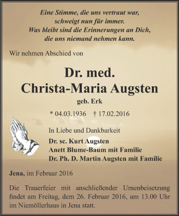 Traueranzeige von Christa Maria Augsten von Ostthüringer Zeitung, Thüringische Landeszeitung