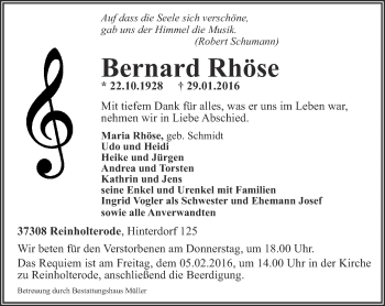 Traueranzeige von Bernard Rhöse von Thüringer Allgemeine