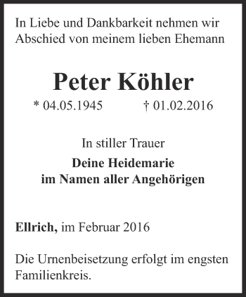 Traueranzeige von Peter Köhler von Thüringer Allgemeine