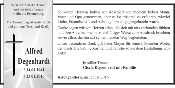 Traueranzeige von Alfred Degenhardt von Thüringer Allgemeine