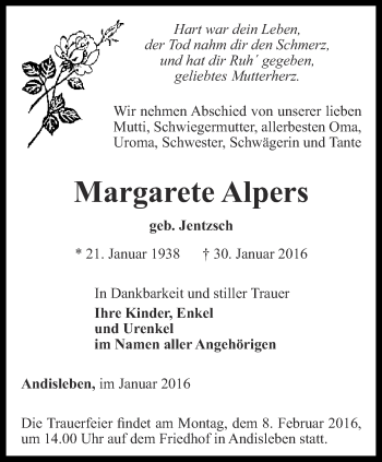 Traueranzeige von Margarete Alpers von Thüringer Allgemeine, Thüringische Landeszeitung