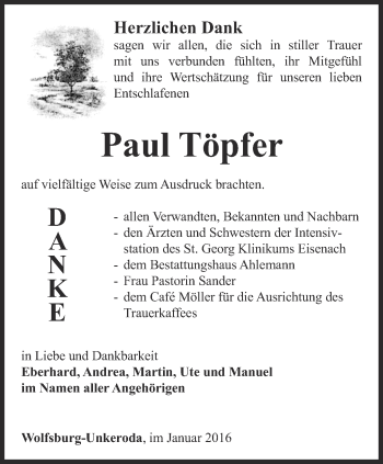 Traueranzeige von Paul Töpfer von Thüringer Allgemeine, Thüringische Landeszeitung