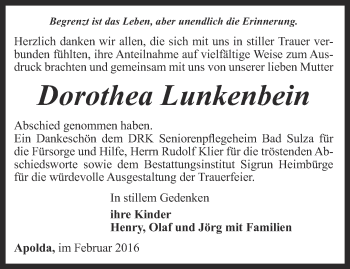 Traueranzeige von Dorothea Lunkenbein von Thüringer Allgemeine, Thüringische Landeszeitung