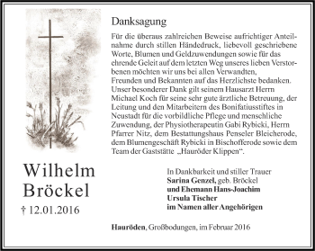 Traueranzeige von Wilhelm Bröckel von Thüringer Allgemeine