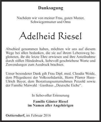 Traueranzeige von Adelheid Riesel von Ostthüringer Zeitung