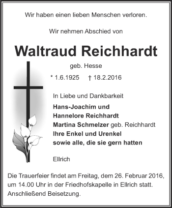 Traueranzeige von Waltraud Reichhardt von Thüringer Allgemeine