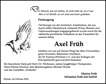 Traueranzeige von Axel Früh von Thüringer Allgemeine, Thüringische Landeszeitung
