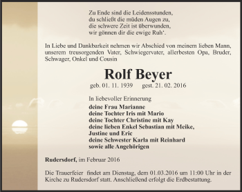 Traueranzeige von Rolf Beyer von Thüringer Allgemeine, Thüringische Landeszeitung