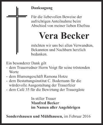 Traueranzeige von Vera Becker von Thüringer Allgemeine