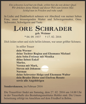 Traueranzeige von Lore Schrader von Thüringer Allgemeine